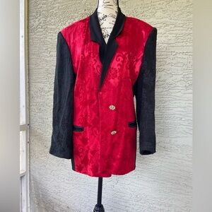 VTG 90s Delah's Read and Black Brocade Grunge Unstructured Blazer